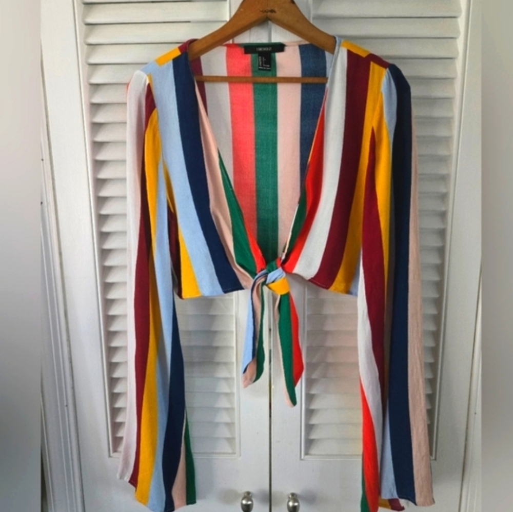 Title:Forever 21 Multicolor Stripe Tie Front Bell Sleeve Crop Top Boho Festival - Picture 2 of 7